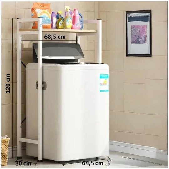 Elite Home® pevná kovová kúpeľňová polička s drevenou policou nad práčkou s horným plnením, biela - 120 cm