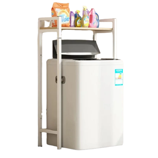 Elite Home® pevná kovová kúpeľňová polička s drevenou policou nad práčkou s horným plnením, biela - 120 cm