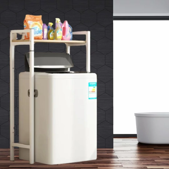 Elite Home® pevná kovová kúpeľňová polička s drevenou policou nad práčkou s horným plnením, biela - 120 cm