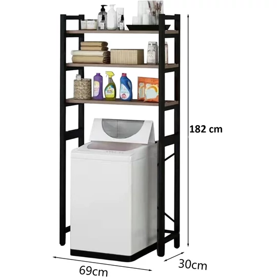 Elite Home® 3-poschodová masívna kovová kúpeľňová polica s drevenými policami nad práčkami s horným plnením, čierna