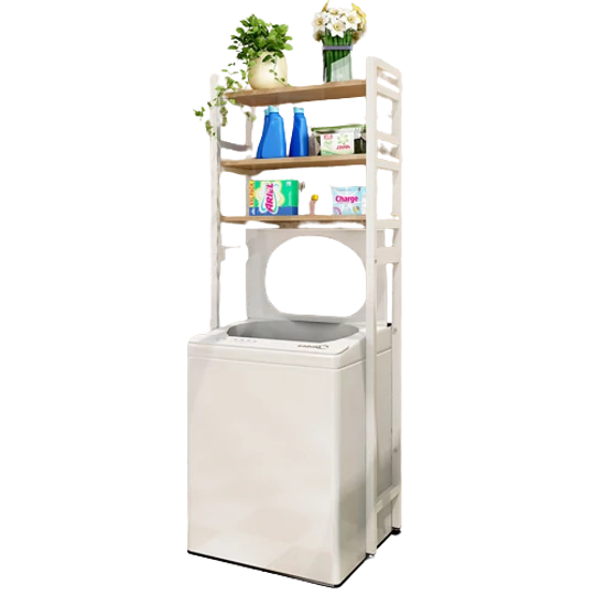 Elite Home® 3-poschodová kovová kúpeľňová polica s drevenými policami nad práčkou s horným plnením, biela - 182 cm