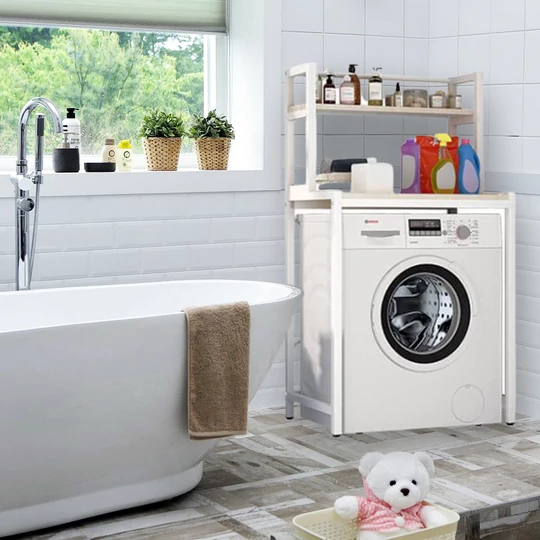 Elite Home® 2-úrovňová pevná kovová kúpeľňová polica s drevenými policami nad práčku, biela - 152 cm