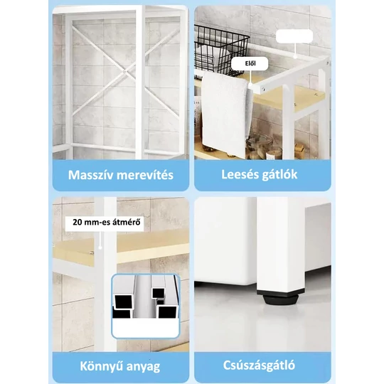 Elite Home® 2-úrovňová pevná kovová kúpeľňová polica s drevenými policami nad práčku, biela - 152 cm