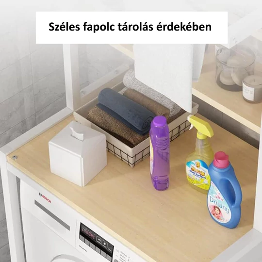 Elite Home® 2-úrovňová pevná kovová kúpeľňová polica s drevenými policami nad práčku, biela - 152 cm