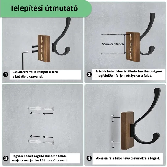 Elite Home® 4-dielna sada rustikálnych vešiakov, drevo + hliník, s obojstranným lepidlom a skrutkami