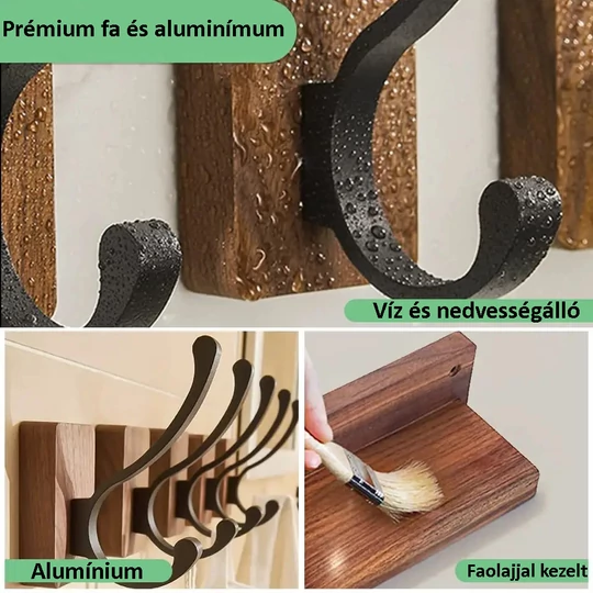 Elite Home® 4-dielna sada rustikálnych vešiakov, drevo + hliník, s obojstranným lepidlom a skrutkami