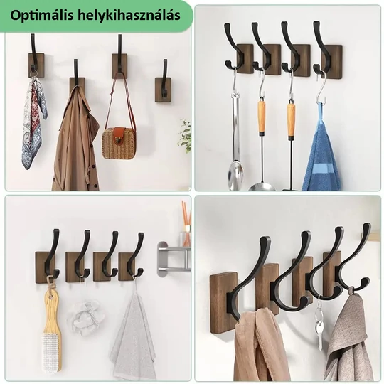 Elite Home® 4-dielna sada rustikálnych vešiakov, drevo + hliník, s obojstranným lepidlom a skrutkami