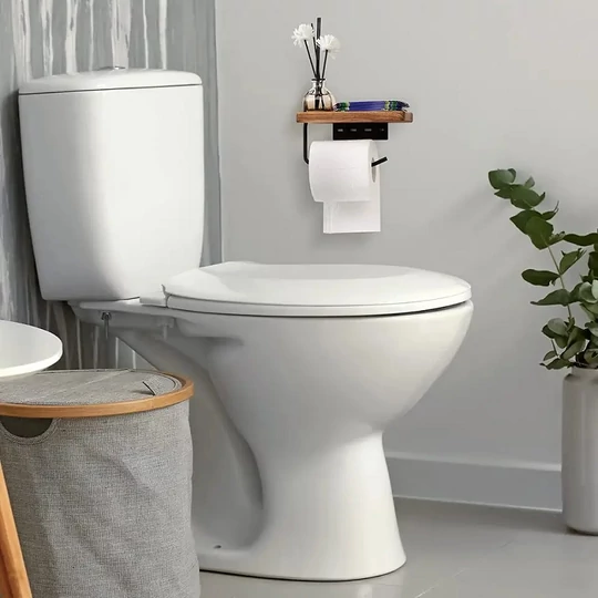 Vertikálny držiak toaletného papiera Elite Home® s držiakom na telefón, svetlý buk a matná čierna oceľ