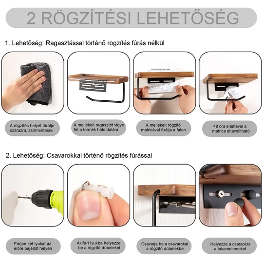 Vertikálny držiak toaletného papiera Elite Home® s držiakom na telefón, svetlý buk a matná čierna oceľ