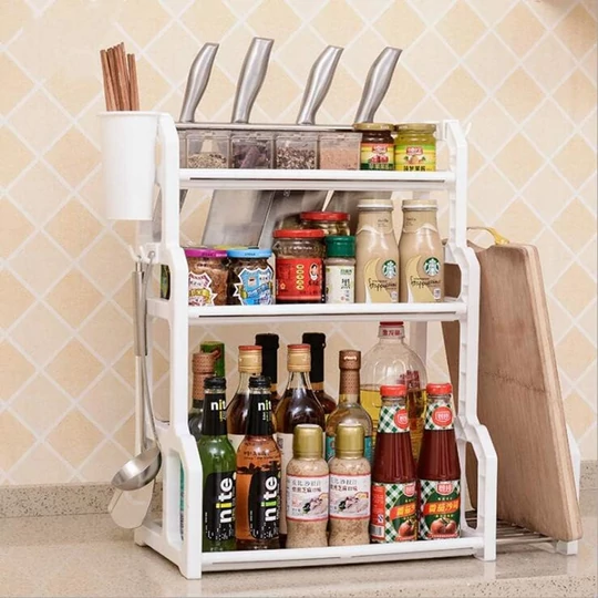 Elite Home® trojstupňová kuchynská organizérska polica s háčikom a držiakom na nože