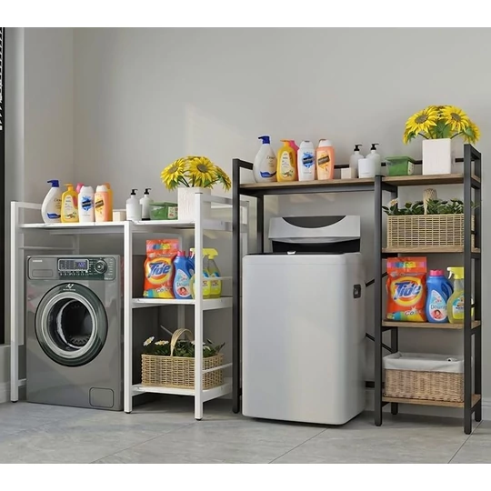 Elite Home® 4-poschodová pevná kovová kúpeľňová polica s drevenými policami nad práčkou s horným plnením, čierna - 134 cm