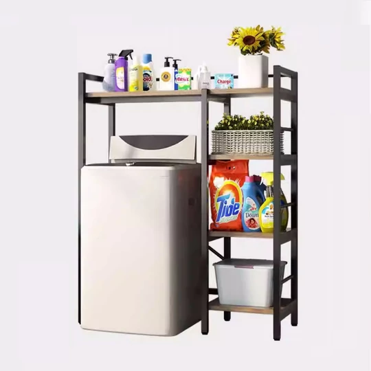 Elite Home® 4-poschodová pevná kovová kúpeľňová polica s drevenými policami nad práčkou s horným plnením, čierna - 134 cm