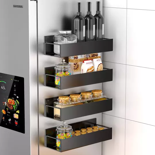 Elite Home® magnetická kovová polica, kuchynský úložný systém pre chladničku, mikrovlnnú rúru, práčku, 4 ks, čierna