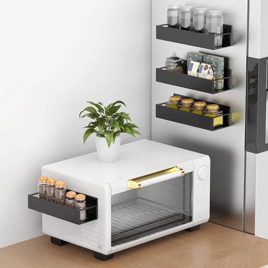 Elite Home® magnetická kovová polica, kuchynský úložný systém pre chladničku, mikrovlnnú rúru, práčku, 4 ks, čierna
