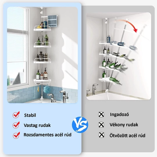 Elite Home® teleskopická sprchová polička 100–260 cm, 4-policová kúpeľňová úložná jednotka s vešiakom na uteráky a háčikom