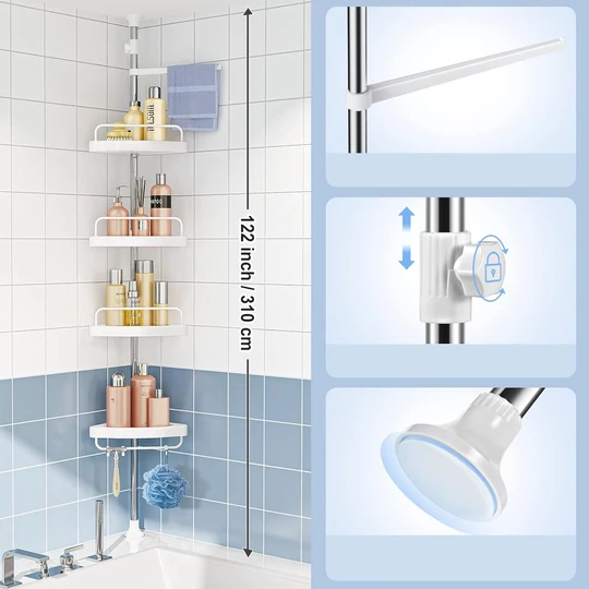 Elite Home® teleskopická sprchová polička 100–260 cm, 4-policová kúpeľňová úložná jednotka s vešiakom na uteráky a háčikom