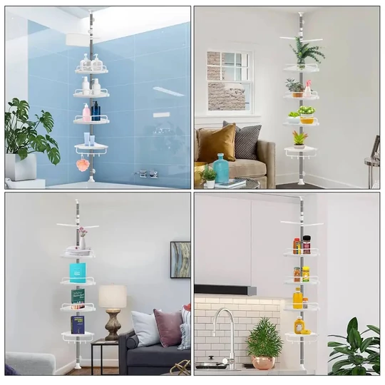 Elite Home® teleskopická sprchová polička 100–260 cm, 4-policová kúpeľňová úložná jednotka s vešiakom na uteráky a háčikom