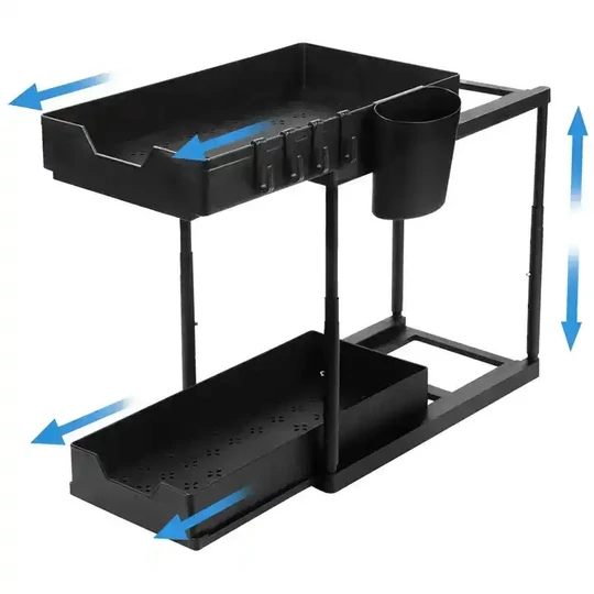 Elite Home® dvojúrovňový úložný regál do skrinky, pod umývadlo, kúpeľne, spálne, s výsuvnou spodnou policou, 4 háčikmi, 1 háčikom na zavesenie, 1...