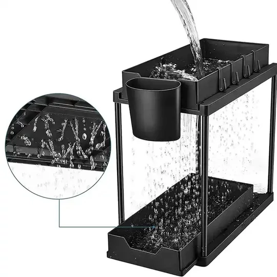 Elite Home® dvojúrovňový úložný regál do skrinky, pod umývadlo, kúpeľne, spálne, s výsuvnou spodnou policou, 4 háčikmi, 1 háčikom na zavesenie, 1...