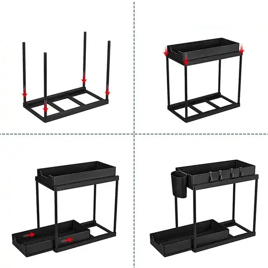 Elite Home® dvojúrovňový úložný regál do skrinky, pod umývadlo, kúpeľne, spálne, s výsuvnou spodnou policou, 4 háčikmi, 1 háčikom na zavesenie, 1...