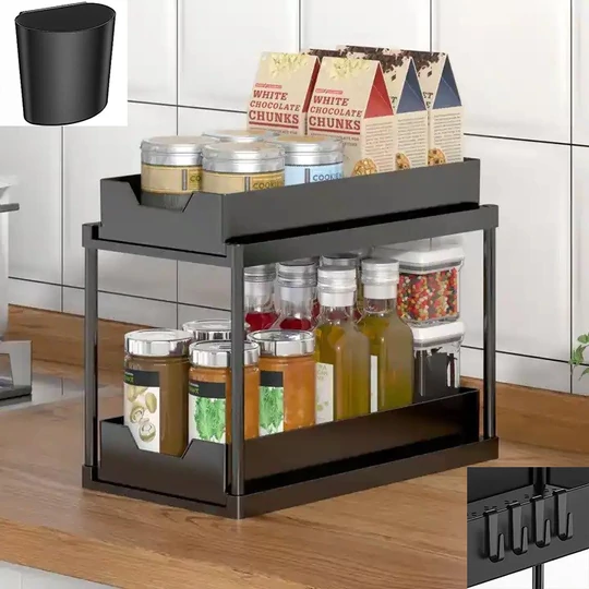 Elite Home® dvojúrovňový úložný regál do skrinky, pod umývadlo, kúpeľne, spálne, s výsuvnou spodnou policou, 4 háčikmi, 1 háčikom na zavesenie, 1...