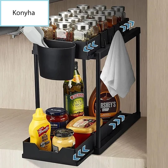 Elite Home® dvojúrovňový úložný regál do skrinky, pod umývadlo, kúpeľne, spálne, s výsuvnou spodnou policou, 4 háčikmi, 1 háčikom na zavesenie, 1...