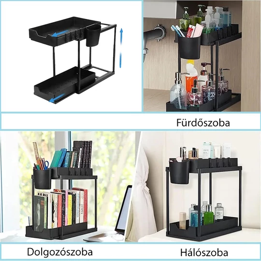 Elite Home® dvojúrovňový úložný regál do skrinky, pod umývadlo, kúpeľne, spálne, s výsuvnou spodnou policou, 4 háčikmi, 1 háčikom na zavesenie, 1...