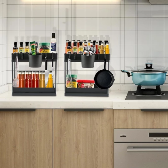 Elite Home® dvojúrovňový úložný regál do skrinky, pod umývadlo, kúpeľne, spálne, s výsuvnou spodnou policou, 4 háčikmi, 1 háčikom na zavesenie, 1...