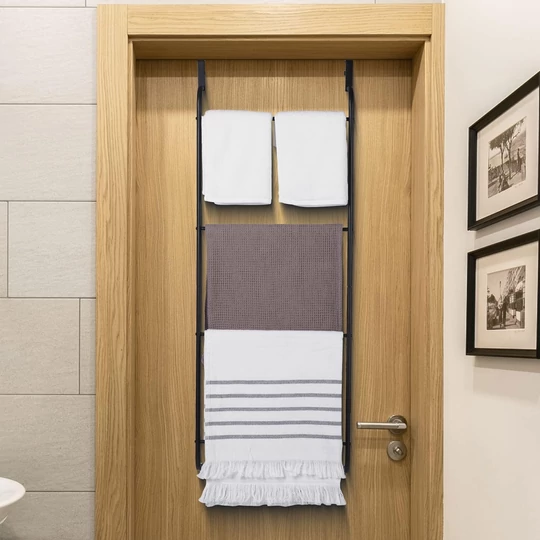 Elite Home® vešiak na uteráky do kúpeľne na dvere, sušiak na bielizeň, 4-stupňový kovový rebrík, matná čierna
