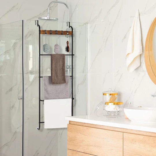 Elite Home® 5-úrovňová kovová kúpeľňová polica, vešiak na uteráky s 5 vešiakmi, zavesenie na dvere