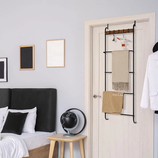 Elite Home® 5-úrovňová kovová kúpeľňová polica, vešiak na uteráky s 5 vešiakmi, zavesenie na dvere