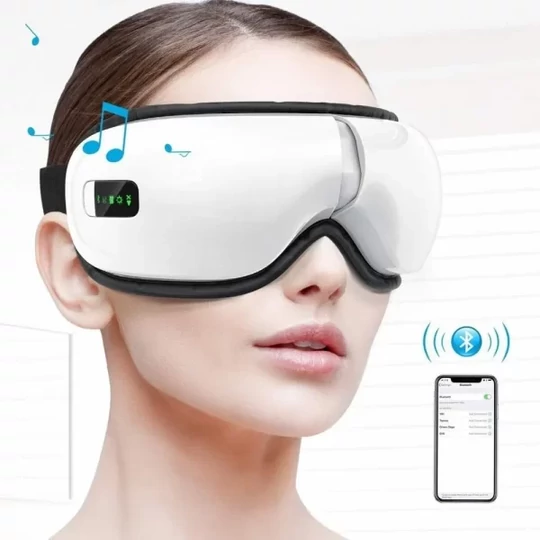 Prenosný, inteligentný masážny prístroj na oči s technológiou bluetooth, s funkciou zahrievania a hudbou, biely