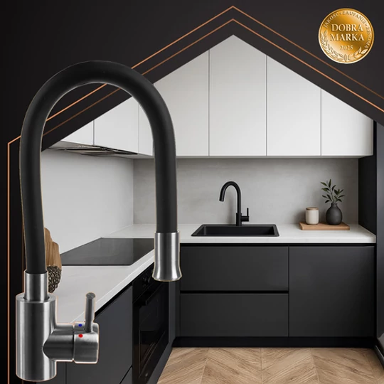 Flexibilný stojací kuchynský batériový kohútik s 360° flexibilnou silikónovou hadicou, nastaviteľnou výškou výtoku, INOX batériou a perlátorom