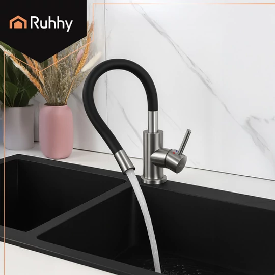 Flexibilný stojací kuchynský batériový kohútik s 360° flexibilnou silikónovou hadicou, nastaviteľnou výškou výtoku, INOX batériou a perlátorom