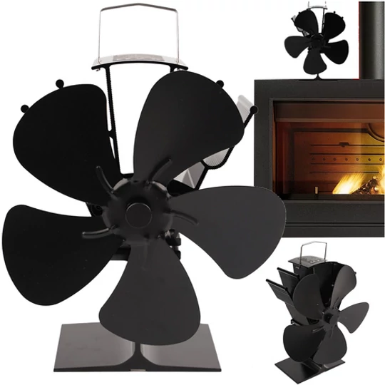 Päťlopatkový krbový ventilátor fungujúci na princípe tepla a termoelektrického efektu, bez napájania