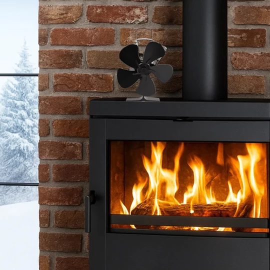 Päťlopatkový krbový ventilátor fungujúci na princípe tepla a termoelektrického efektu, bez napájania