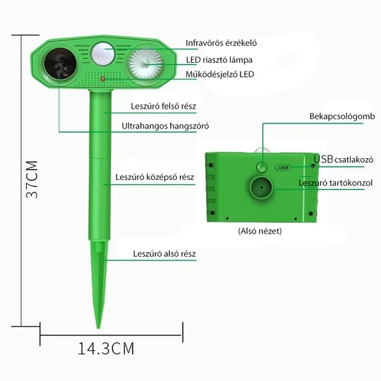 Solárne napájaný herný alarm, zvierací alarm so senzorom pohybu, 3 prevádzkové funkcie, možnosť montáže na stenu, nabíjanie cez USB