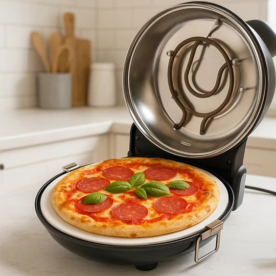 Kompaktná elektrická pec na pizzu s 5 stupňami teploty, okienkom, keramickou doskou na pizzu a príslušenstvom
