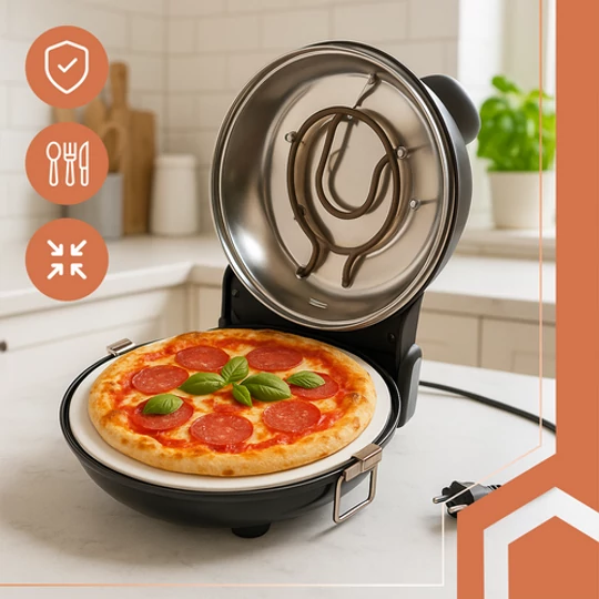 Kompaktná elektrická pec na pizzu s 5 stupňami teploty, okienkom, keramickou doskou na pizzu a príslušenstvom