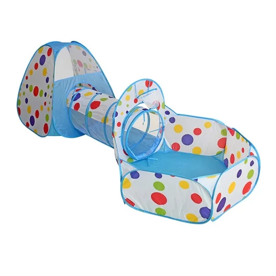 Skladací stan na hranie pre deti s tunelom, s loptičkovým ihriskom, 270x120x90 cm, bodky, modrá