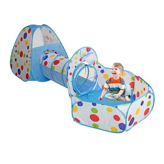 Skladací stan na hranie pre deti s tunelom, s loptičkovým ihriskom, 270x120x90 cm, bodky, modrá
