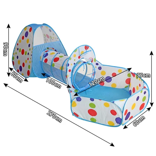 Skladací stan na hranie pre deti s tunelom, s loptičkovým ihriskom, 270x120x90 cm, bodky, modrá