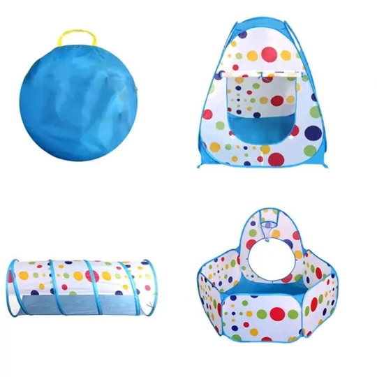 Skladací stan na hranie pre deti s tunelom, s loptičkovým ihriskom, 270x120x90 cm, bodky, modrá