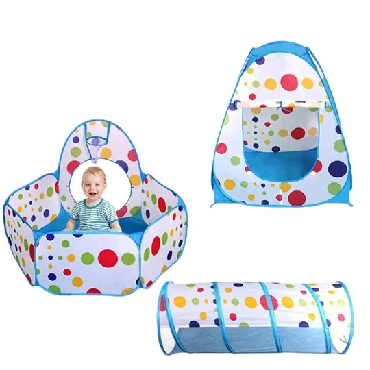 Skladací stan na hranie pre deti s tunelom, s loptičkovým ihriskom, 270x120x90 cm, bodky, modrá