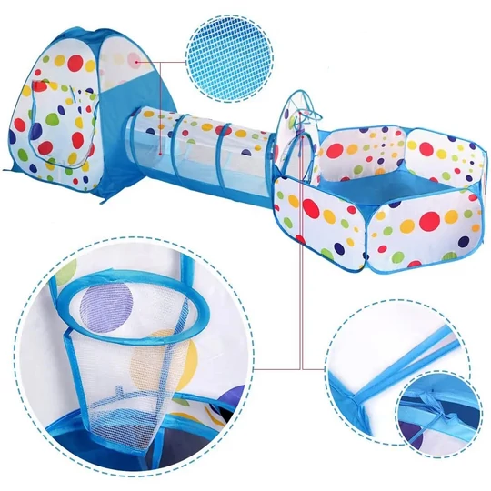 Skladací stan na hranie pre deti s tunelom, s loptičkovým ihriskom, 270x120x90 cm, bodky, modrá