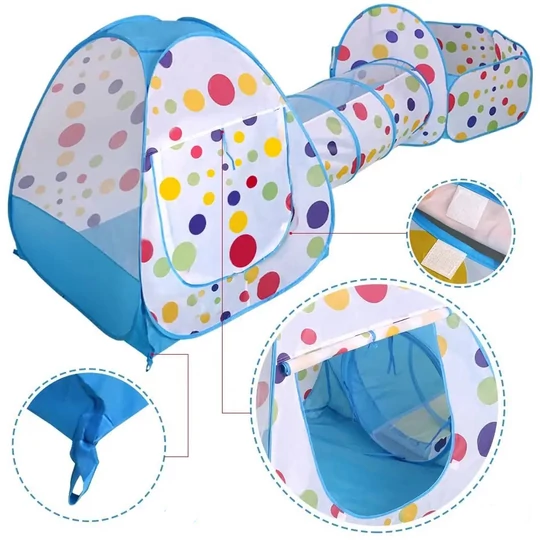 Skladací stan na hranie pre deti s tunelom, s loptičkovým ihriskom, 270x120x90 cm, bodky, modrá
