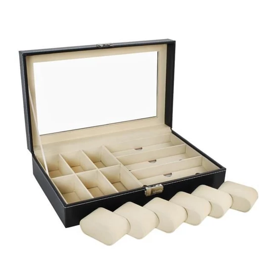 Elegantný úložný box na hodinky, okuliare, šperky, uzamykateľný, čierny