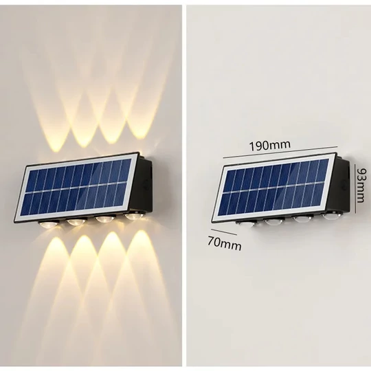 Nástenná, vonkajšia, solárne napájaná, dobíjateľná LED lampa, 8 LED