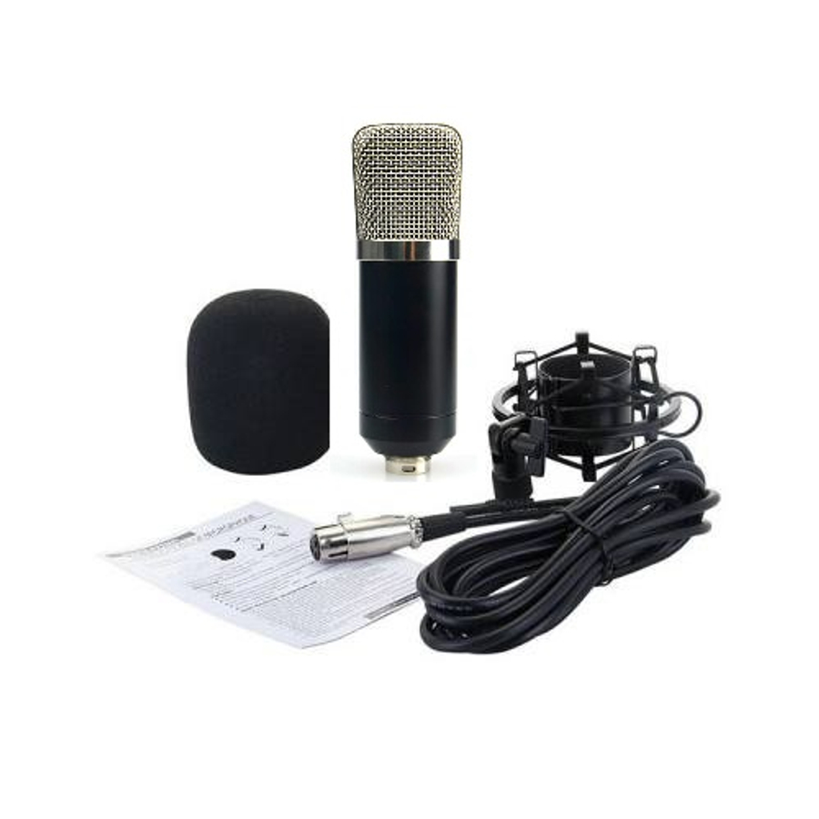 Klasický kondenzátorový mikrofón pre podcasty, s príslušenstvom, so striebornou ochrannou mriežkou