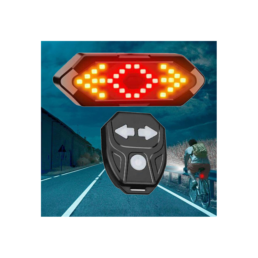 Batériové zadné LED svetlo na bicykel s indikátorom, zvukovými a svetelnými signálmi, diaľkové ovládanie